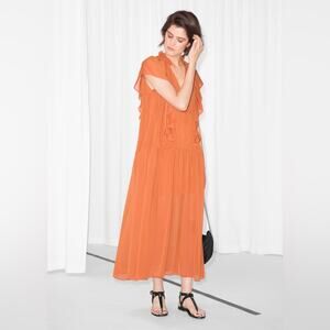 & Other Stories Oversized Frill Ruffle Rust Orange Midi Dress